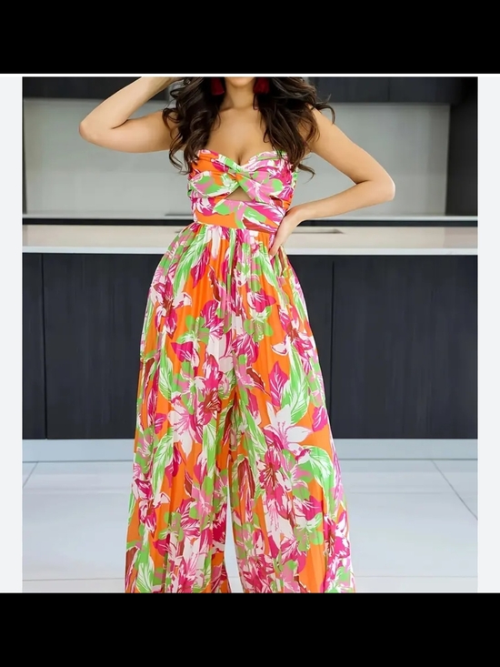 Fashion Nova Pants - Fashion Nova Strapless Wide-Leg Jumpsuit in Pink & Orange Floral